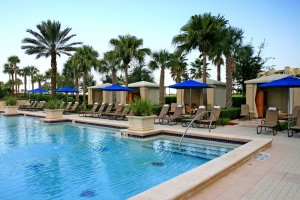 the landscape and swimming pool in a resort